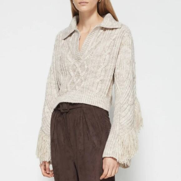 Jonathan Simkhai Kara Fringe Knit Polo in Tan Melange Size Small - Picture 3 of 11